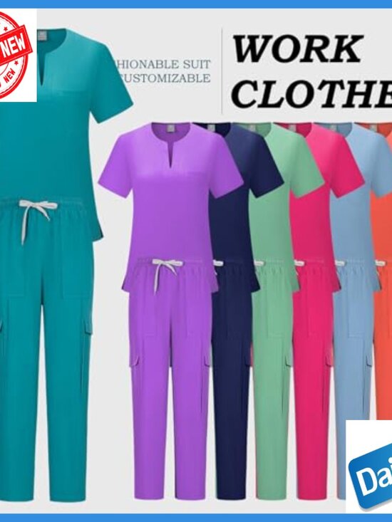 Large V-Neck Scrub Set Top & Pants Multi-Pocket Medical Uniform - Picture 7 of 7